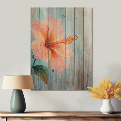 Hibiscus In The Rain I - Traditional Wood Wall Decor On Natural Pine Wood