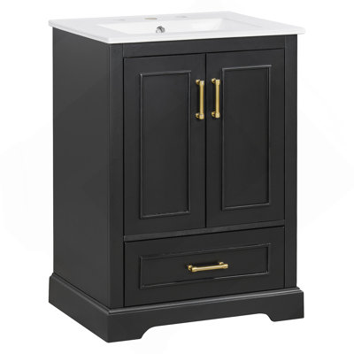 Meuble-lavabo de 24 po avec lavabo, armoire en panneau de fibres à densité moyenne avec cadre en bois massif, 1 tiroir divisé et 2 portes à fermeture douce avec supports de rangement à deux portes, meuble-lavabo autoportant