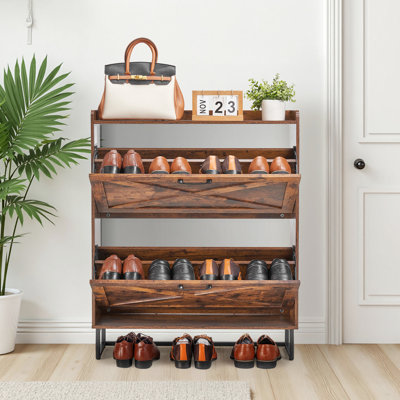 Armoire de rangement pour chaussures, brun, 2 tiroirs rabattables, pieds en métal, basculant, autoportant, idéal pour le salon, tablettes réglables pour tout type de chaussures