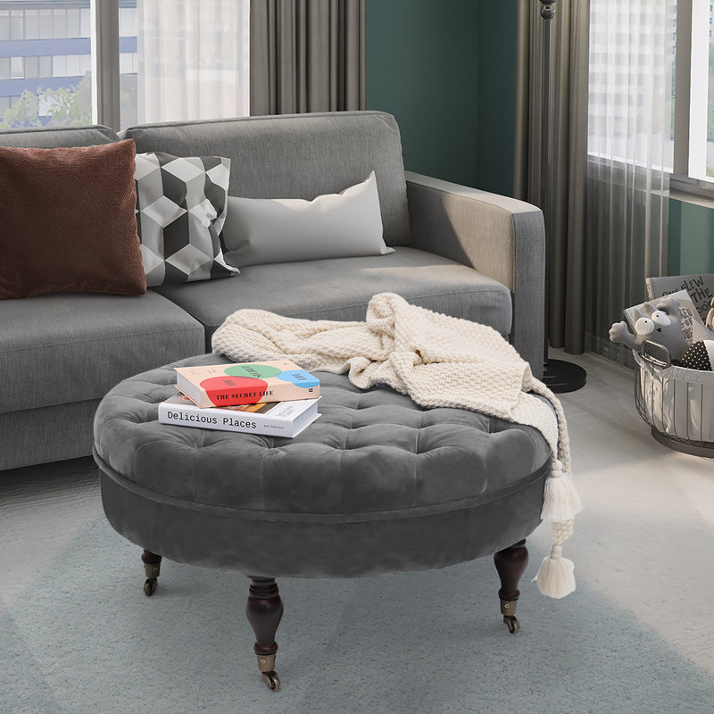 Smpad 32.3 Wide Velvet Tufted Round Ottoman, Dark Gray Velvet