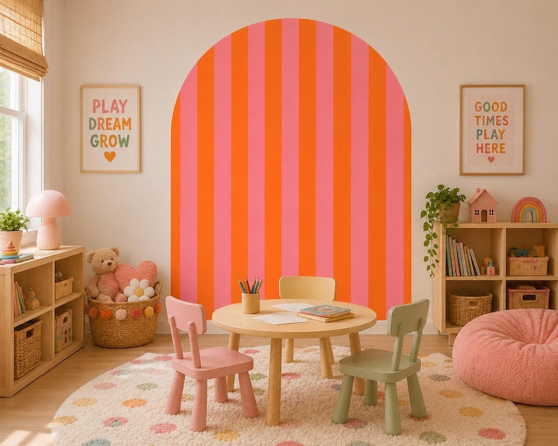 Adhésif décoratif 80 pouces de large à rayures rose et orange, 86 pouces de haut, 80" W x 86" H