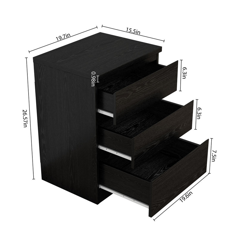 Table de chevet avec 3 tiroirs, ensemble de 2, table d'appoint avec tiroirs sans poignée, Noir