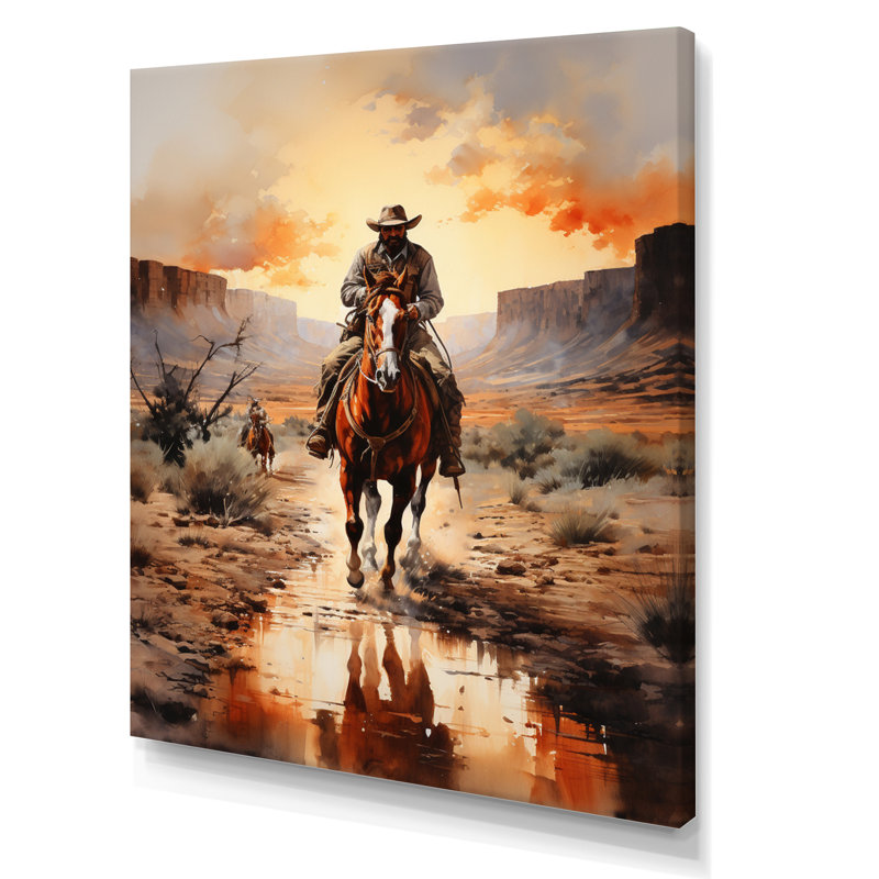 Mabe Cowboy Chassant le coucher du soleil II - Cowboys, art mural, H 40 po x l 30 po x P 1,5 po, Toile tendue