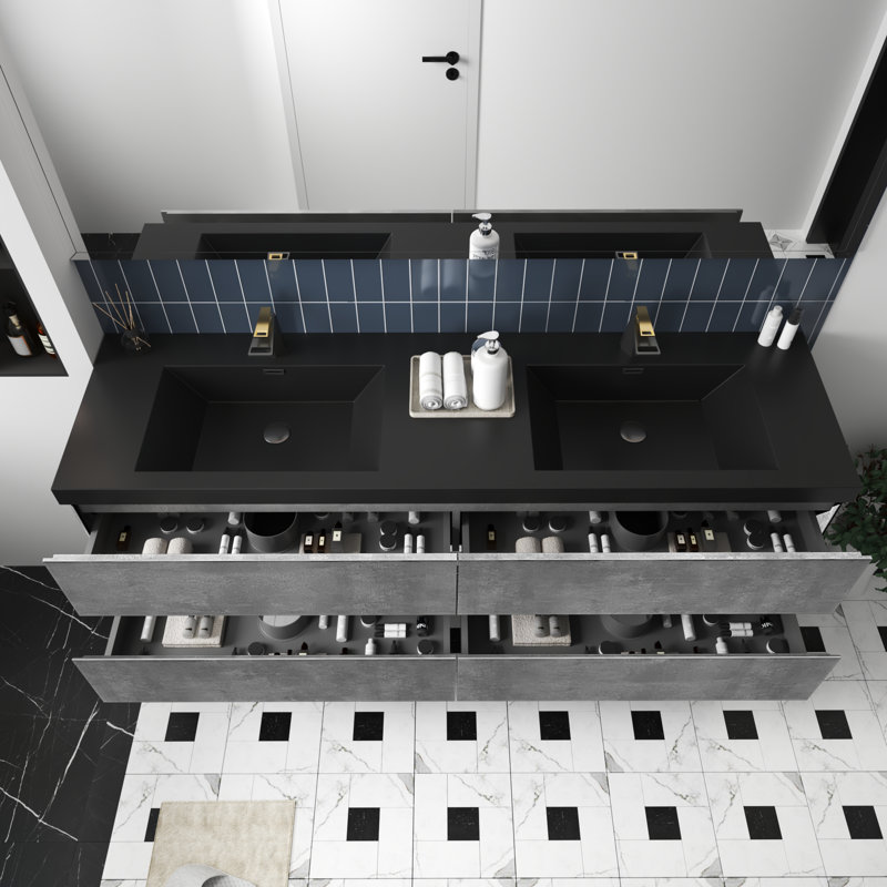 Gazel 72" Fully Assembled Double Floating Vanity Wall-Mounted Bathroom Vanity with 2 Integrated Quartz Sinks, 4 Drawers