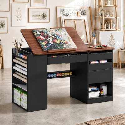 Table à dessin réglable avec rangement et tablettes amovibles, table de travail multifonctionnelle avec planche à dessin inclinable de 0 ° à 80 ° et station de charge pour dessiner, fabriquer, lire et travailler