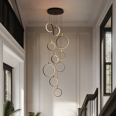 Lustre géométrique moderne à 10 anneaux à DEL à intensité variable, noir et doré pour plafonds hauts avec télécommande et télécommande
