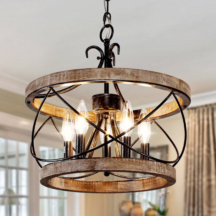 Reback 5 - Light Drum Solid Wood Caged Chandelier with Metal Accents