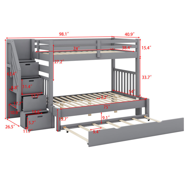 Bunk Bed With Trundle, Gray