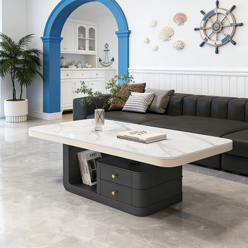 Luxury Slate Top Silent Drawer Coffee Table, White, Black, 16.53" H x 51.18" L x 27.55" W