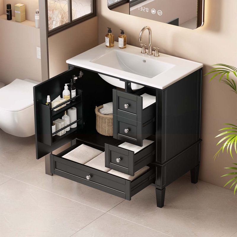 Armoire de salle de bain moderne avec lavabo en céramique, Noir, Noir