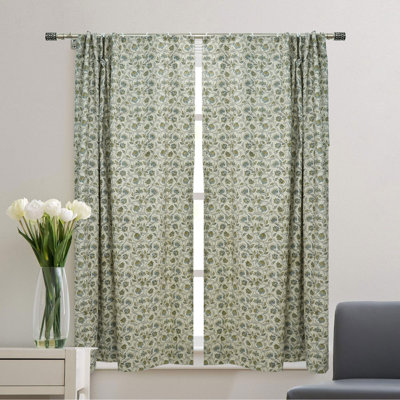 Blue Floral Hand Block Printed Linen Blend Unlined Flat Panel Curtain for Living Room and Bedroom, Boho Farmhouse Linen Drapes & Curtains