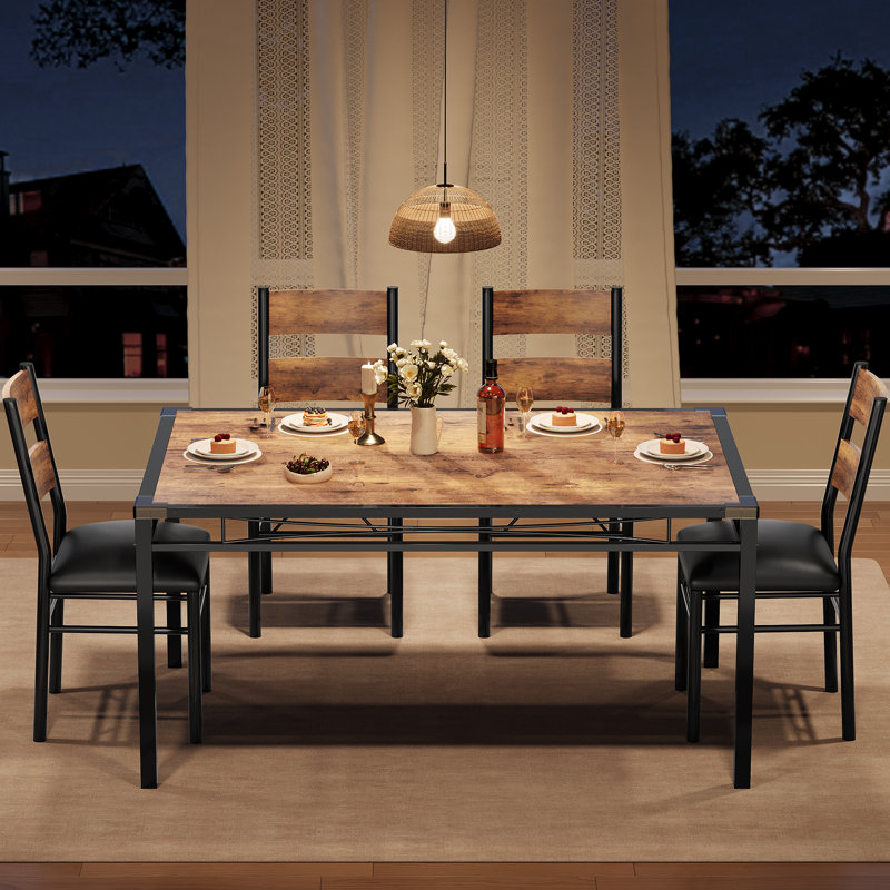 Dining Table Set for 4 with Upholstered Chairs, Wood Kitchen Table & 4 Chairs with Corner Protectors for Small Space, Brown