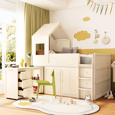 Lit mezzanine simple en bois beige, toit en forme de maison, bureau et rangement pour les espaces d'étude créatifs des adolescents