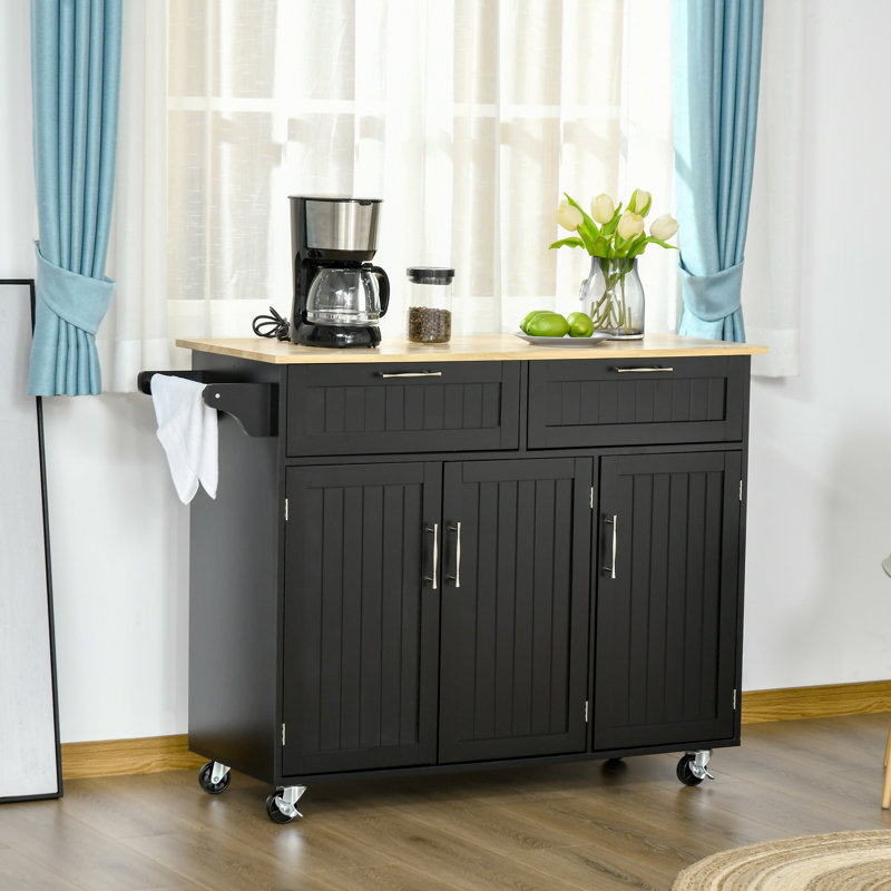 Chariot de cuisine avec rangement - noir. Comptoir en bois, tiroirs, armoires et porte-serviettes. Augmentez l'espace de travail. Organisez la cuisine. Mobile. Style moderne. L 48,34 po x P 18 po x H 35,01 po. Capacité de 110 lb. Assemblage