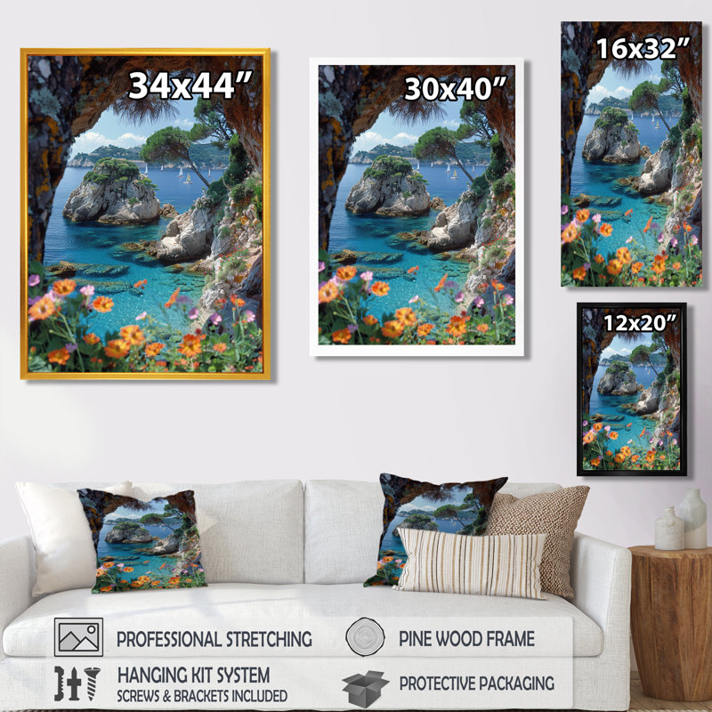 Vue de la grotte, lagon bleu, floraison, paradis, décor tropical mural côtier, Toile encadrée flottée blanche