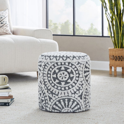 Repose-pieds de rangement 18 po en laine noire et ivoire tissée à la main avec motif touffeté et noué