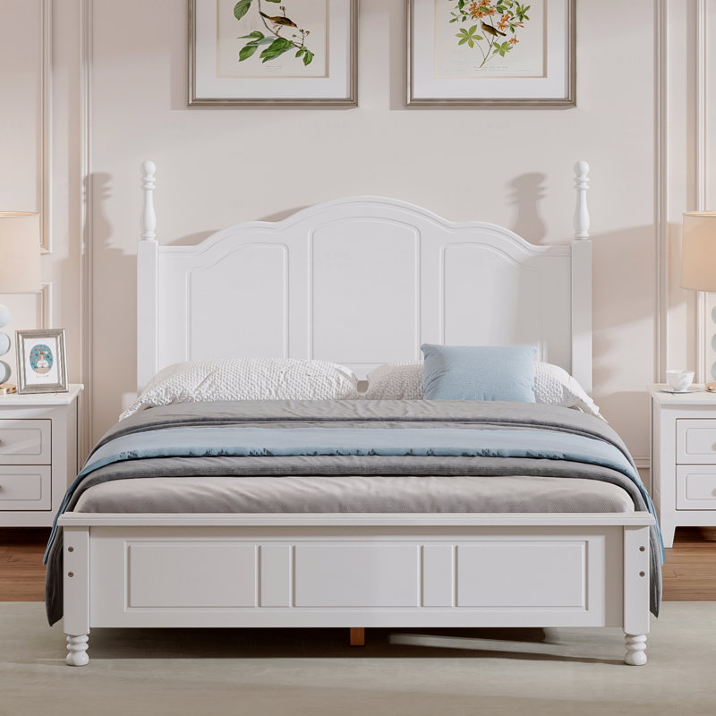 Cadre de lit double en bois pleine grandeur, cadre de lit plateforme de style rétro avec support en lattes de bois, avec finition blanche