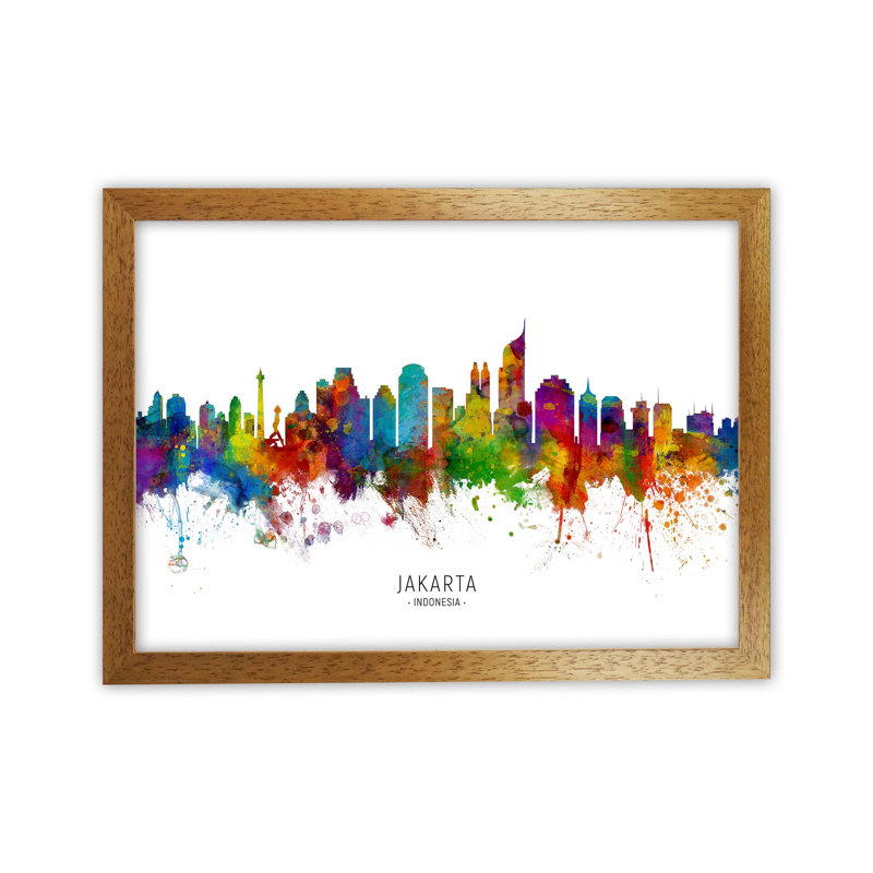 Jakarta Indonesia Skyline by Michael Tompsett - Print, Brown Framed, 64cm H x 88cm W x 3cm D