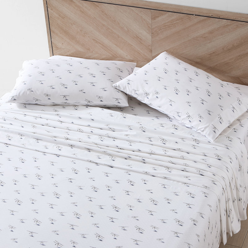 Shasta Lake Cotton Percale Standard Sheet Set, Queen Sheet Set with 2 Pillowcases, Sea Planes