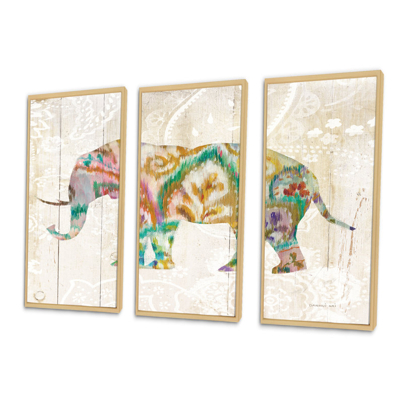 «Boho Paisley Elephant II Vii», ensemble d'art mural sur toile encadré bohémien et éclectique, H 32 po x l 48 po x P 1 po
