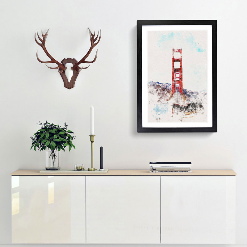 Golden Gate Bridge Abstract Watercolour - Picture Frame Graphic Art, 63cm H x 45cm W x 2cm D, Black Framed