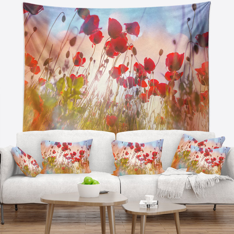 Tapisserie florale mignonne de coquelicots au soleil, H 78 po x l 92 po