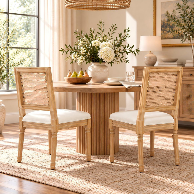 French Country Cane Back Dining Chairs with Linen Upholstered Seats, Solid Rubberwood Frame and Turned Legs