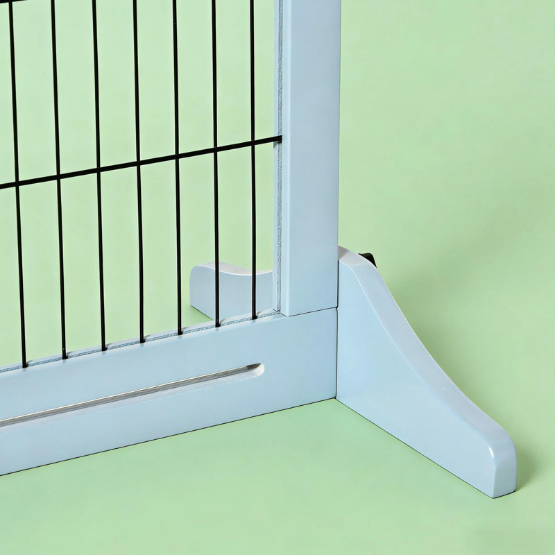 Barrière pour animaux de compagnie autoportante à largeur réglable (41" à 70,9"), hauteur 27,25", en pin et acier, couleur bleu-gris, pour petits et moyens animaux. Barrière rétractable autoportante, hauteur 70,9", grise.