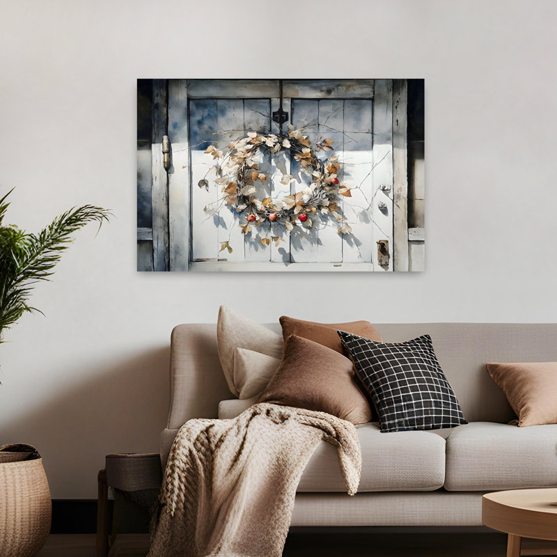 «Rustic Wreath Elegant Peaceful Realistic Autumn Nature», reproduction d'art murale, 32" H x 48" W