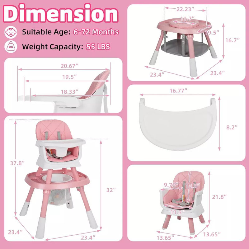Foldable High Chair for Babies & Toddlers, Adjustable Height, Recline, Storage Basket, Double Trays, Easy to Clean, Pink