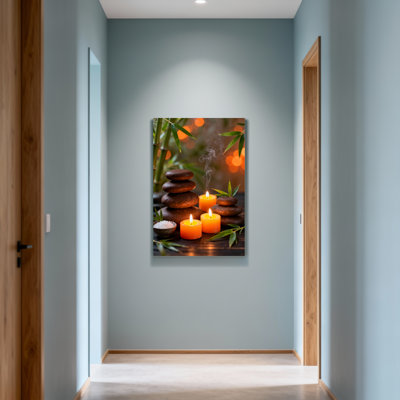 Bath and Laundry Calm Stones Candles Leaves Bamboo Light Smoke Peaceful Scene