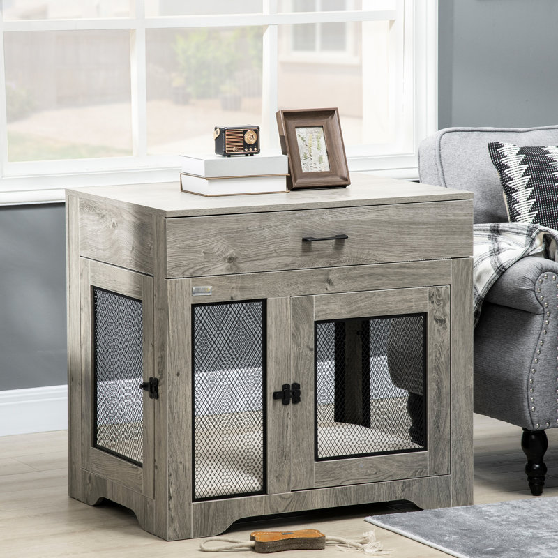Small Dog Crate With Pillow Cushion And Convenient Drawer, Grey End Table Cushioned Bottom