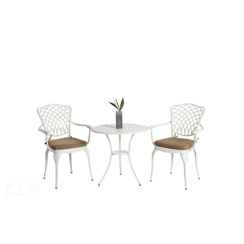 3 Piece Cast Aluminum Bistro Set With Umbrella Hole And Cushions, Weather-Resistant For Outdoor Patio And Garden Use, White