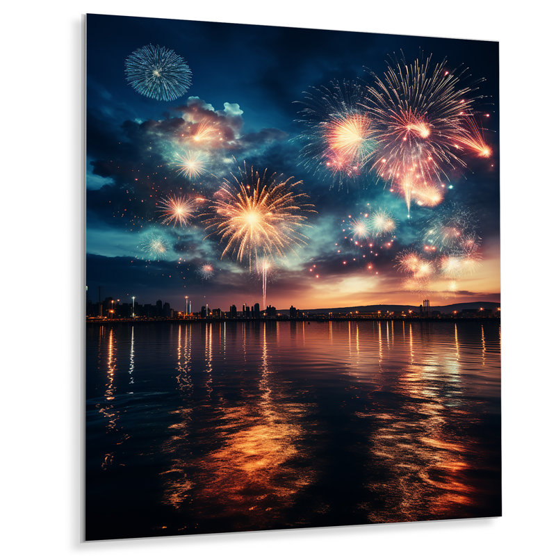 Feux d'artifice vert et rouge au bord du lac II - art mural en métal, H 32 po x l 24 po x P 1 po