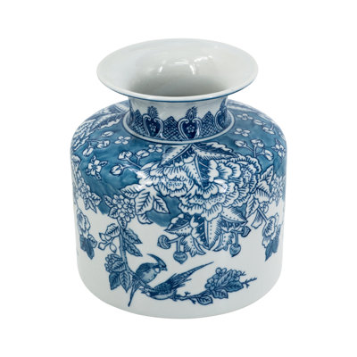 Vase rond en porcelaine bleue et blanche avec des motifs de fleurs et d'oiseaux élégants