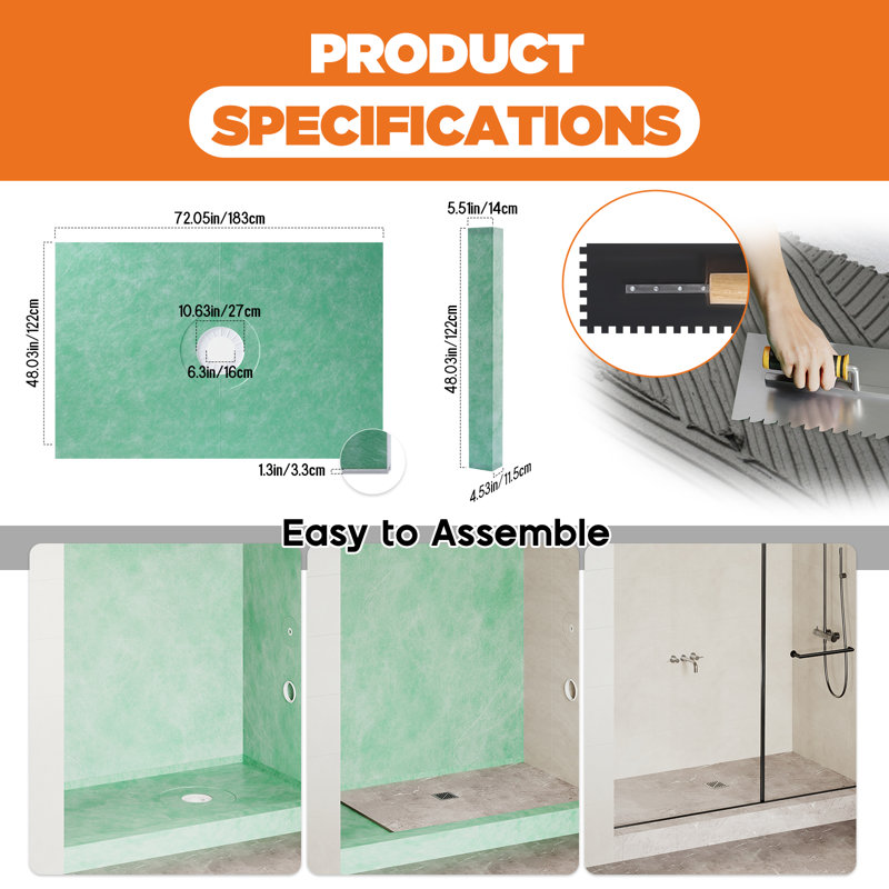 48" x 72" Shower Curb Kit with Tray, Waterproof Membrane, Seals, Bonding Flange, Corners, Trowel & Level – Center Outlet