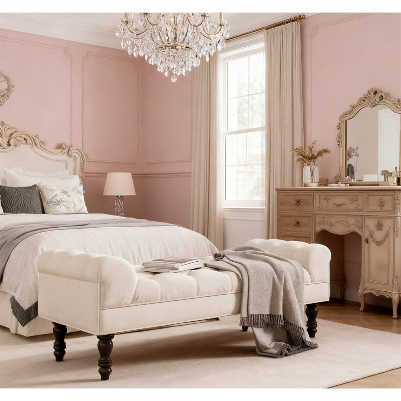 Button-Tufted End of Bed Bench with Rolled Arms, Beige