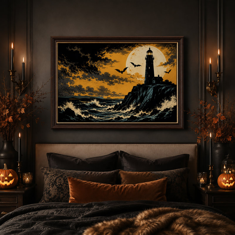 Phare et chauves-souris sous la pleine lune, ciel orange, toile murale d'Halloween, H 16 po x l 24 po