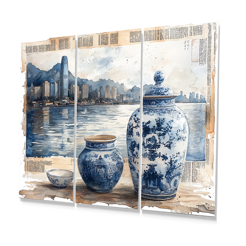 Ensemble de salon de poterie chinoiserie en tons de bleu et blanc I - Boho Pottery, Métal métal, H 40 po x l 60 po x P 1 po