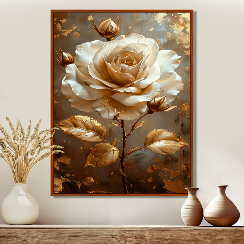 Or blanc doré doré feuilles dorées - rose, art mural, Toile avec cadre flottant brun, H 32 po x l 24 po x P 1 po