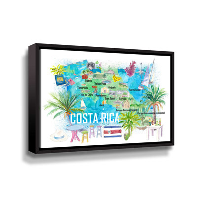 Carte de voyage illustrée du Costa Rica avec des routes et des faits saillants par Markus Bleichner - Peinture sur toile