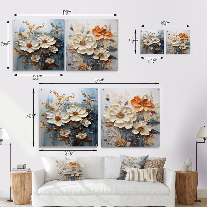 Ensemble de 2 peintures murales en acrylique doré doré et blanc, H 16 po x l 33 po
