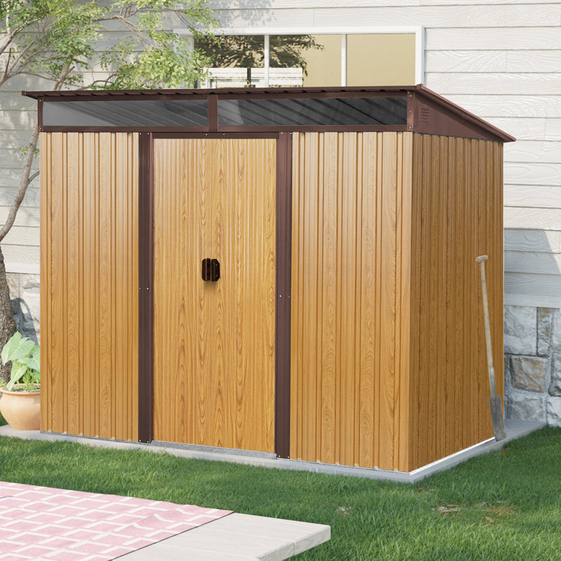Outdoor Metal Storage Shed. Construction. -. Foundation For Stability. Lawn With Sliding Doors Spacious Tool Storage. -proof. Ideal Patio