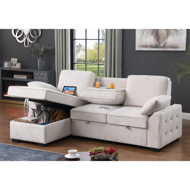 Mackenzie 91"W Beige Chenille Fabric Reversible Sleeper Sectional with Storage Chaise, Drop-Down Table, Cup Holders and Charging Ports