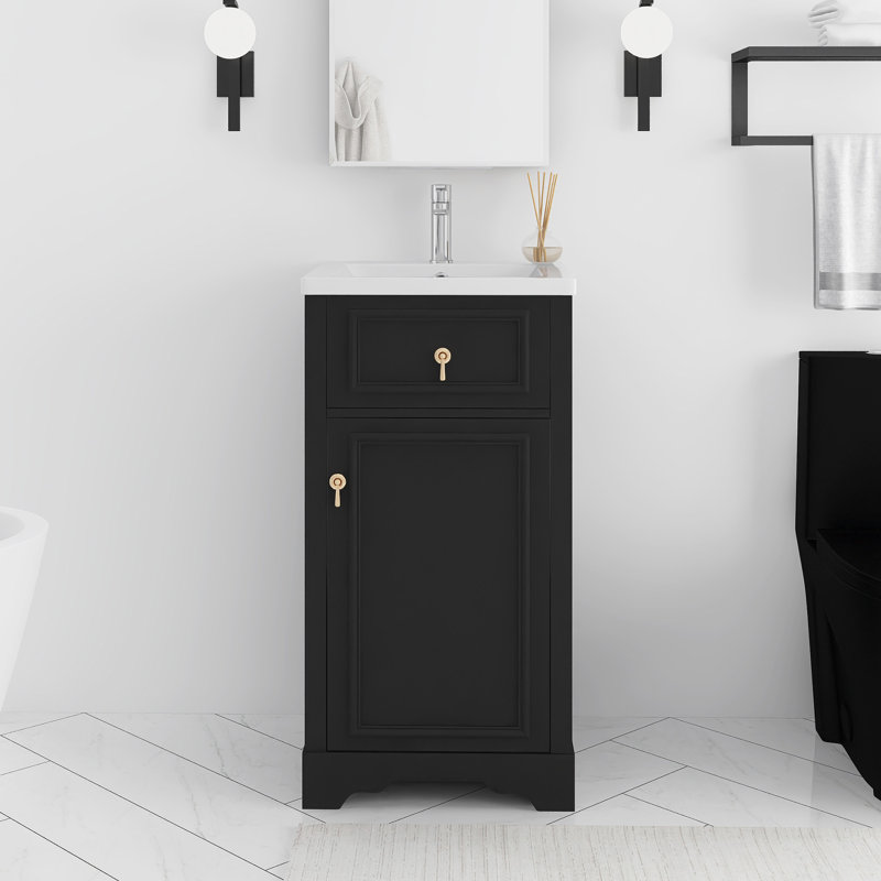 Meuble-lavabo autoportant de 20 po avec plateau en céramique intégré, Noir, noir, noir, noir, Doré