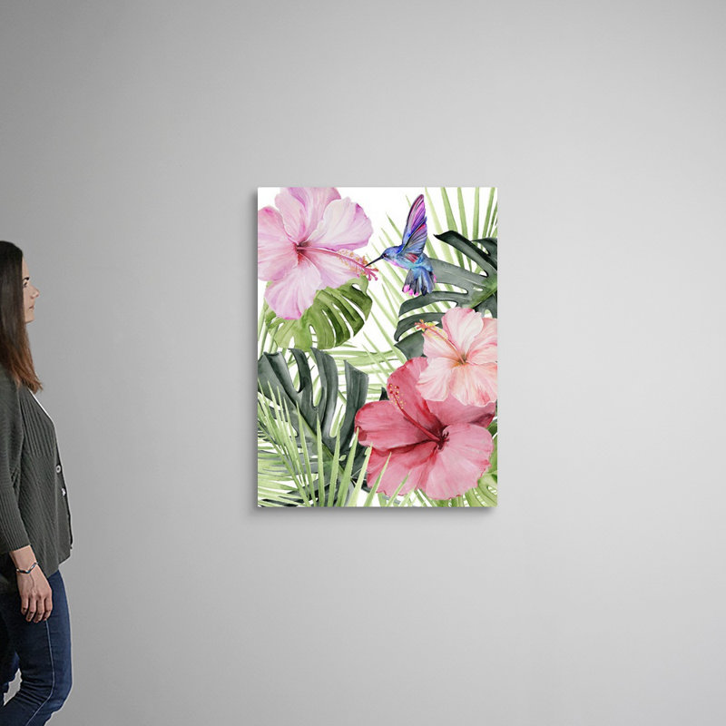 Hibiscus et colibri I, art mural sur toile, Toile tendue, H 40 po x l 30 po x P 1,25 po