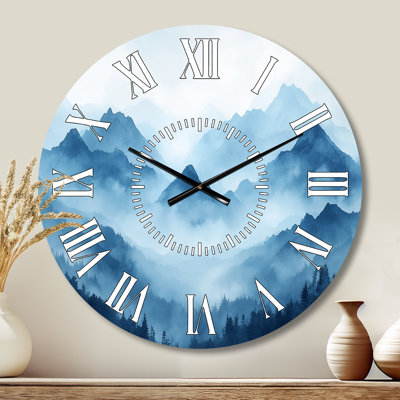 Chaîne de montagnes Misty Blue - Horloge murale ronde en métal Nature Silent