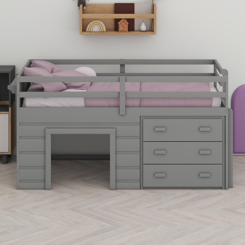 Lit mezzanine avec armoire et tablette, Gris