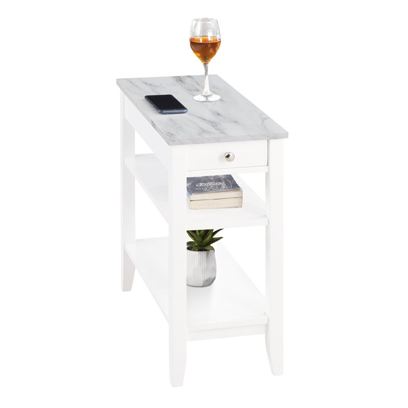 Carbin End Table with Drawer and Shelves, White Faux Marble Top/White Base