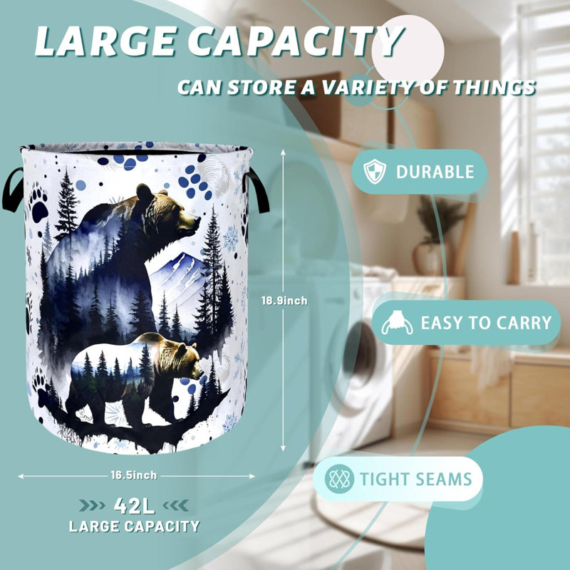 Bear Forest Laundry Basket Animal Bears Laundry Hamper Foldable Oxford Cloth Adventure Funny Tote Bag Clothes Toy Storage Bucket For Bathroom/Laundry Storage/Bedroom